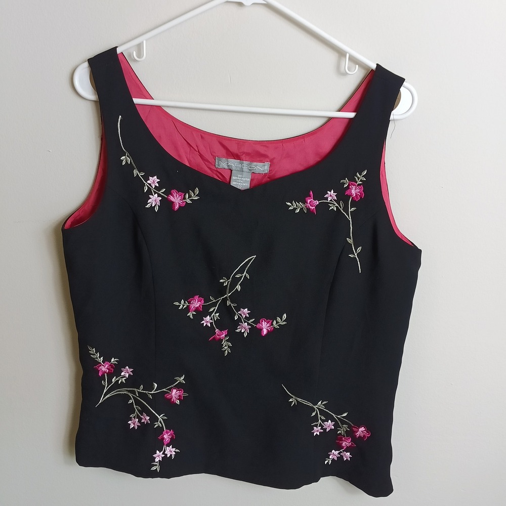 Marconi Embroidered Shell Women 12 Black Excellent Floral Sleeveless Top